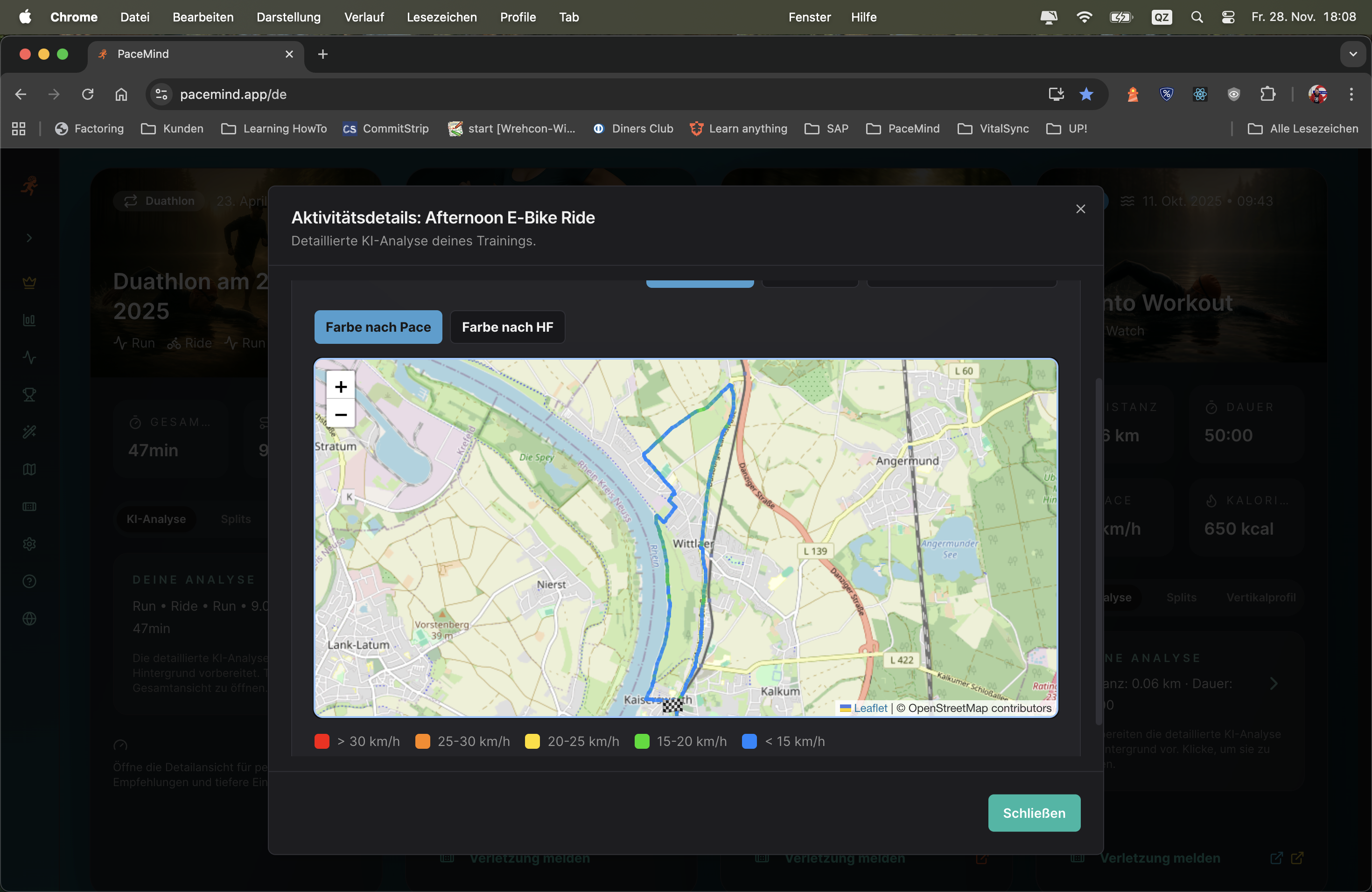 Routenvisualisierung mit farbcodierter Geschwindigkeitsanzeige